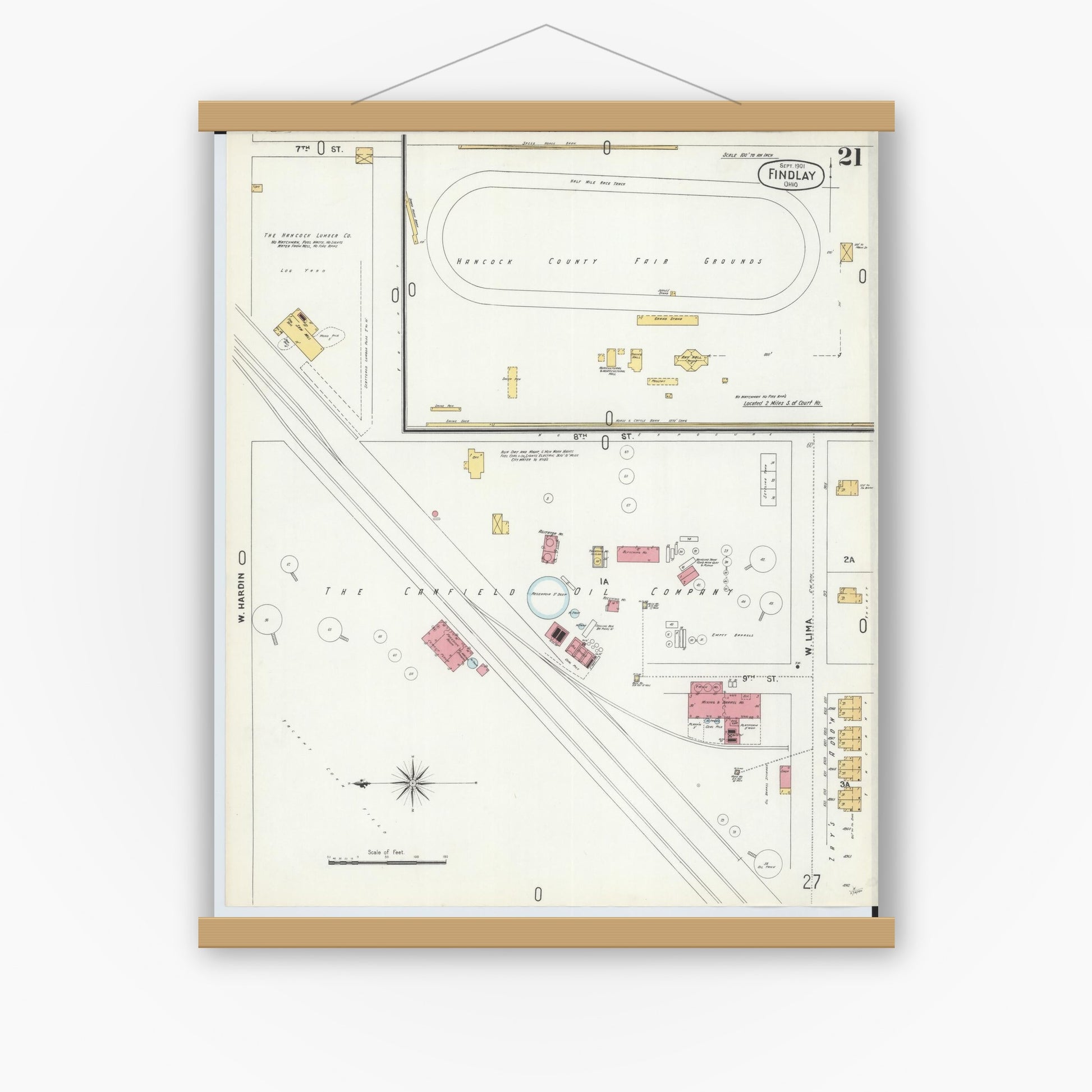 Old map wall art mockup — magnetic wood frame on white wall — Sanborn Fire Insurance Map from Findlay, Hancock County, Ohio (1901), Sheet #0021