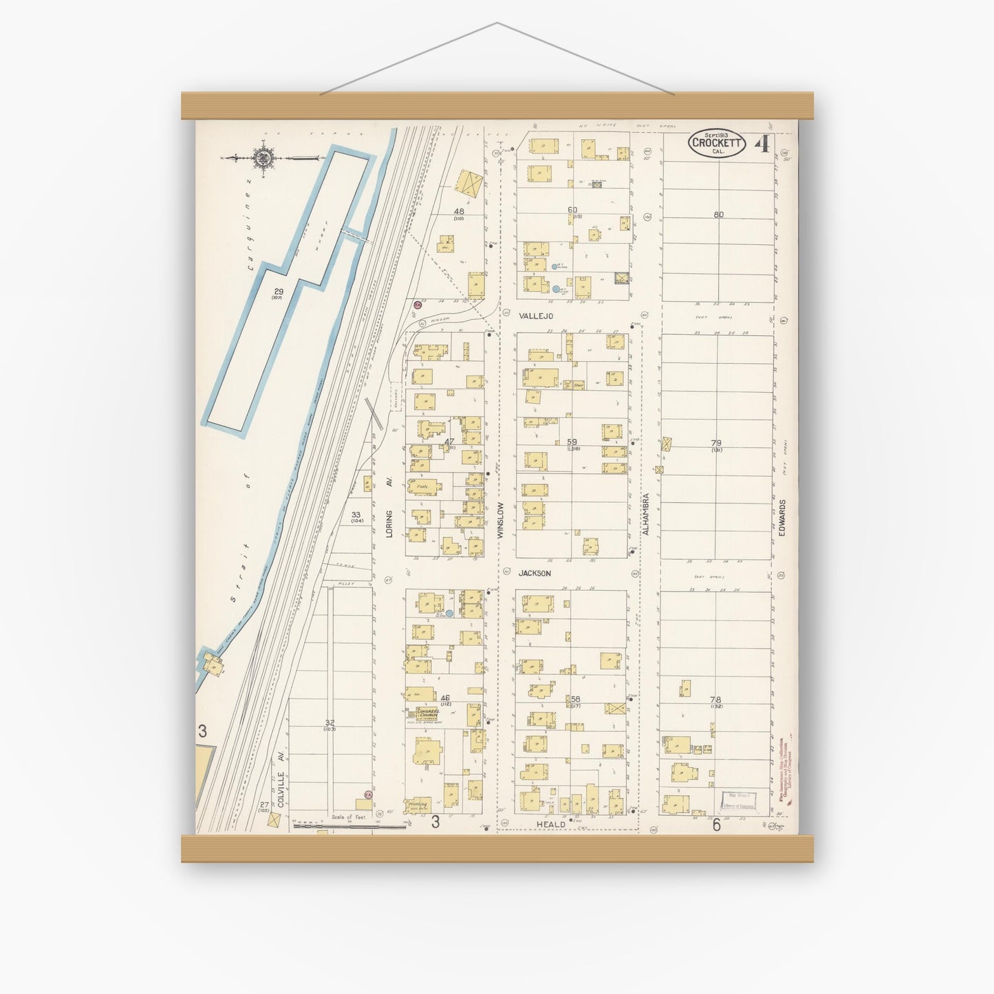 Old map wall art mockup — magnetic wood frame on white wall — Sanborn Fire Insurance Map from Crockett, Contra Costa County, California (1913), Sheet #0004