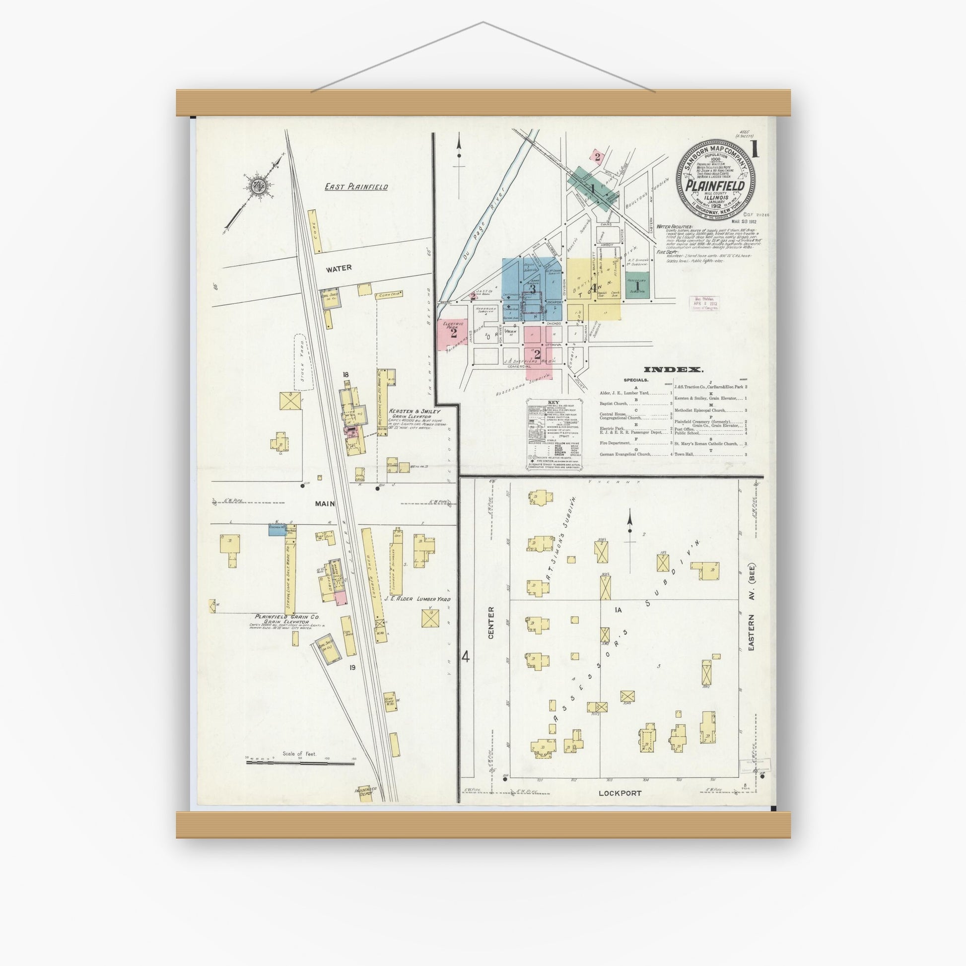 Old map wall art mockup — magnetic wood frame on white wall — Sanborn Fire Insurance Map from Plainfield, Will County, Illinois (1912), Sheet #0001
