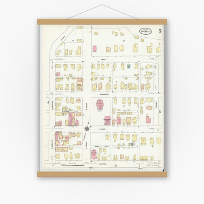 Old map wall art mockup — magnetic wood frame on white wall — Sanborn Fire Insurance Map from Greenville, Mercer County, Pennsylvania (1911), Sheet #0005