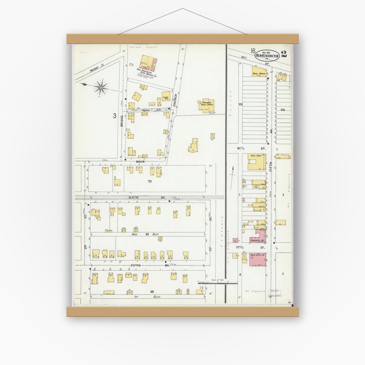 Old map wall art mockup — magnetic wood frame on white wall — Sanborn Fire Insurance Map from New Kensington, Westmoreland County, Pennsylvania (1900), Sheet #0002
