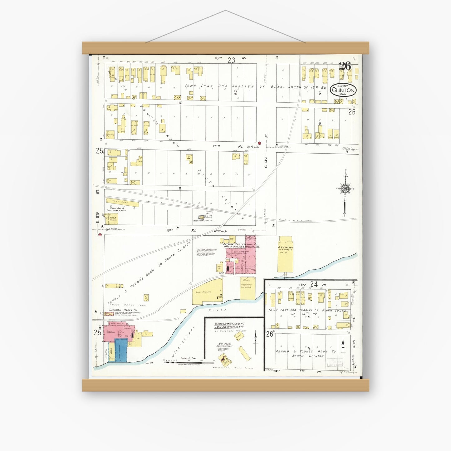 Old map wall art mockup — magnetic wood frame on white wall — Sanborn Fire Insurance Map from Clinton, Clinton County, Iowa (1917), Sheet #0026