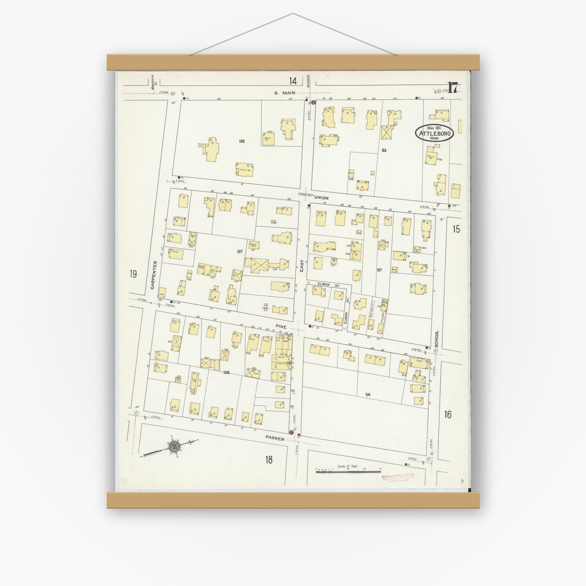 Old map wall art mockup — magnetic wood frame on white wall — Sanborn Fire Insurance Map from Attleboro, Bristol County, Massachusetts (1911), Sheet #0017