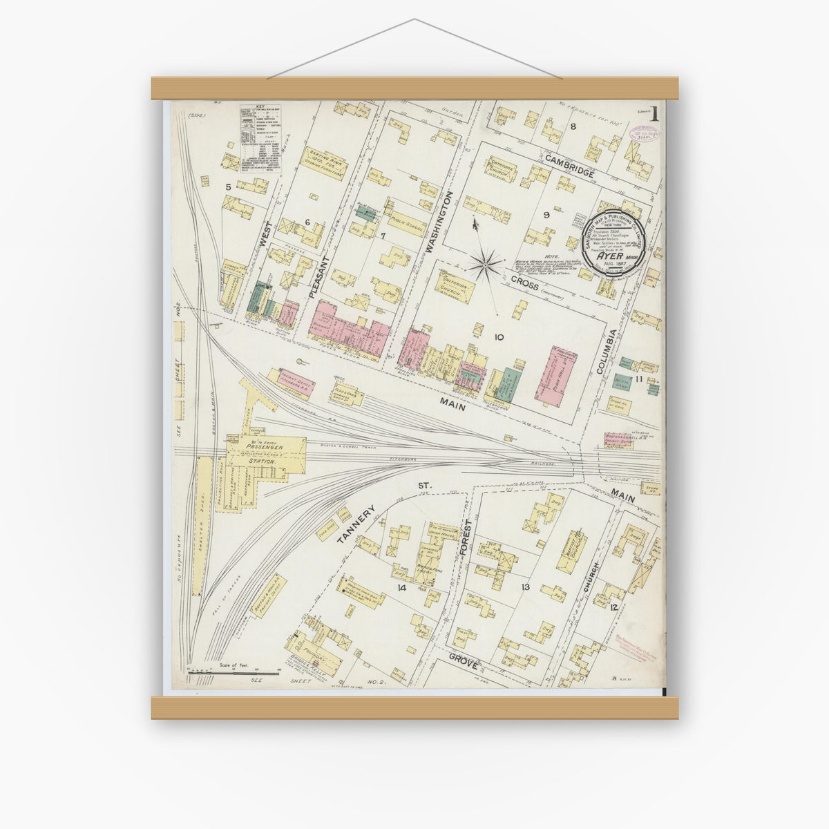 Old map wall art mockup — magnetic wood frame on white wall — Sanborn Fire Insurance Map from Ayer, Middlesex County, Massachusetts (1887) - Complete Map Set