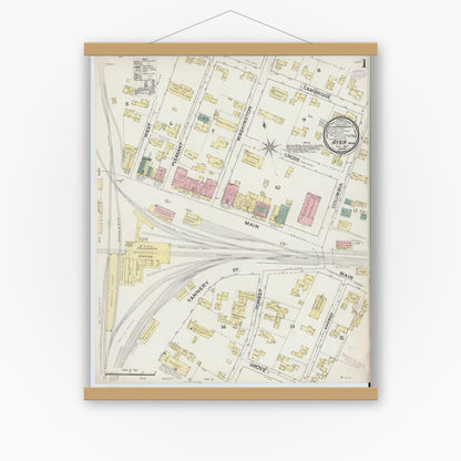 Old map wall art mockup — magnetic wood frame on white wall — Sanborn Fire Insurance Map from Ayer, Middlesex County, Massachusetts (1887) - Complete Map Set
