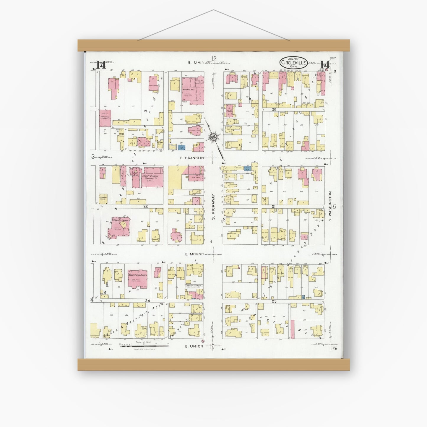 Old map wall art mockup — magnetic wood frame on white wall — Sanborn Fire Insurance Map from Circleville, Pickaway County, Ohio (1927), Sheet #0014