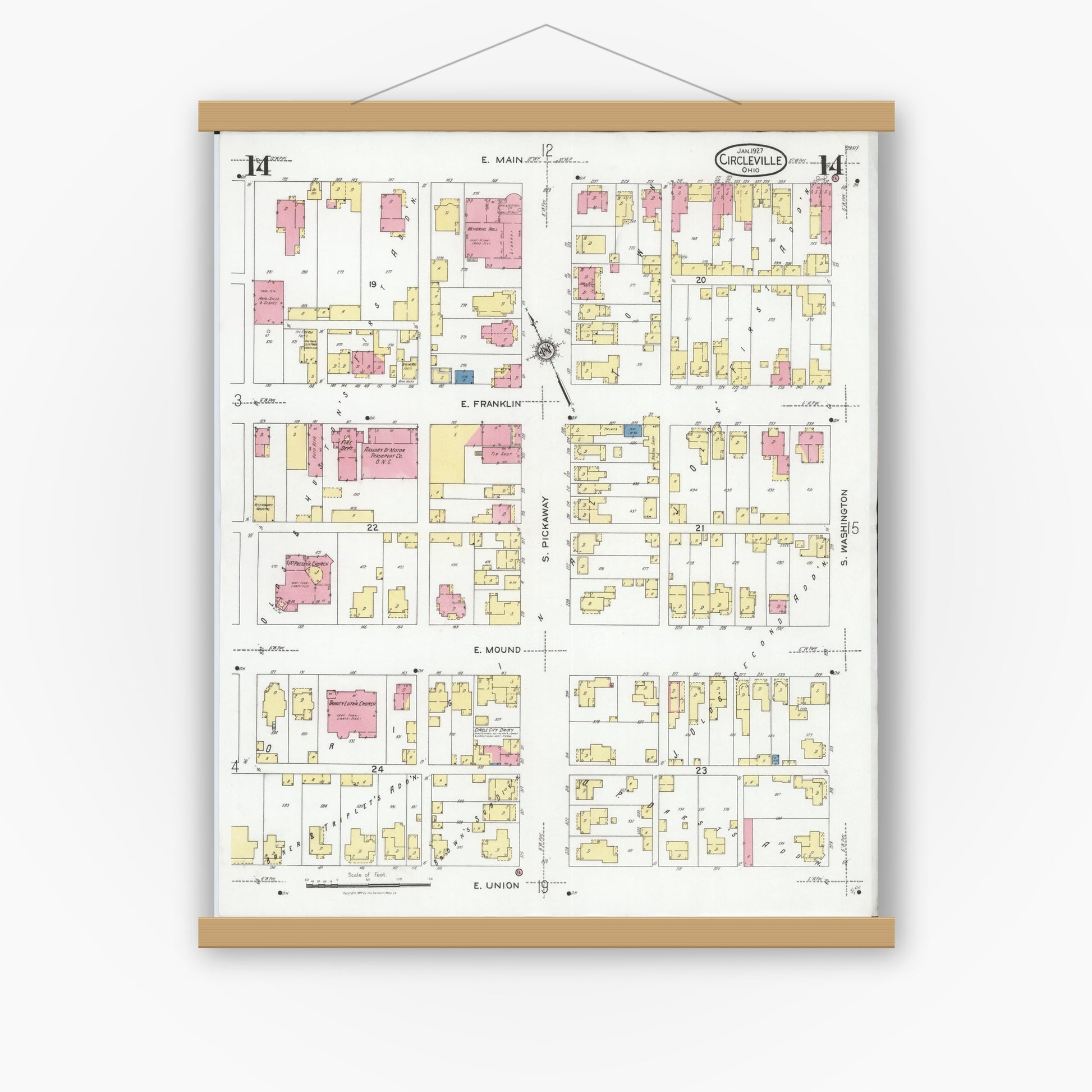 Old map wall art mockup — magnetic wood frame on white wall — Sanborn Fire Insurance Map from Circleville, Pickaway County, Ohio (1927), Sheet #0014