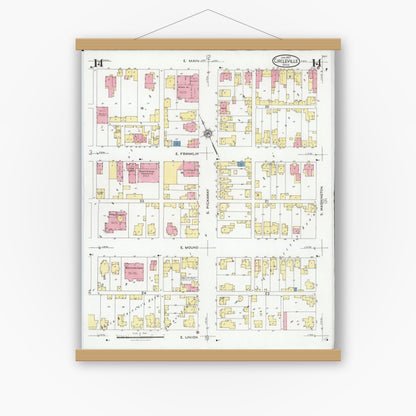 Old map wall art mockup — magnetic wood frame on white wall — Sanborn Fire Insurance Map from Circleville, Pickaway County, Ohio (1927), Sheet #0014