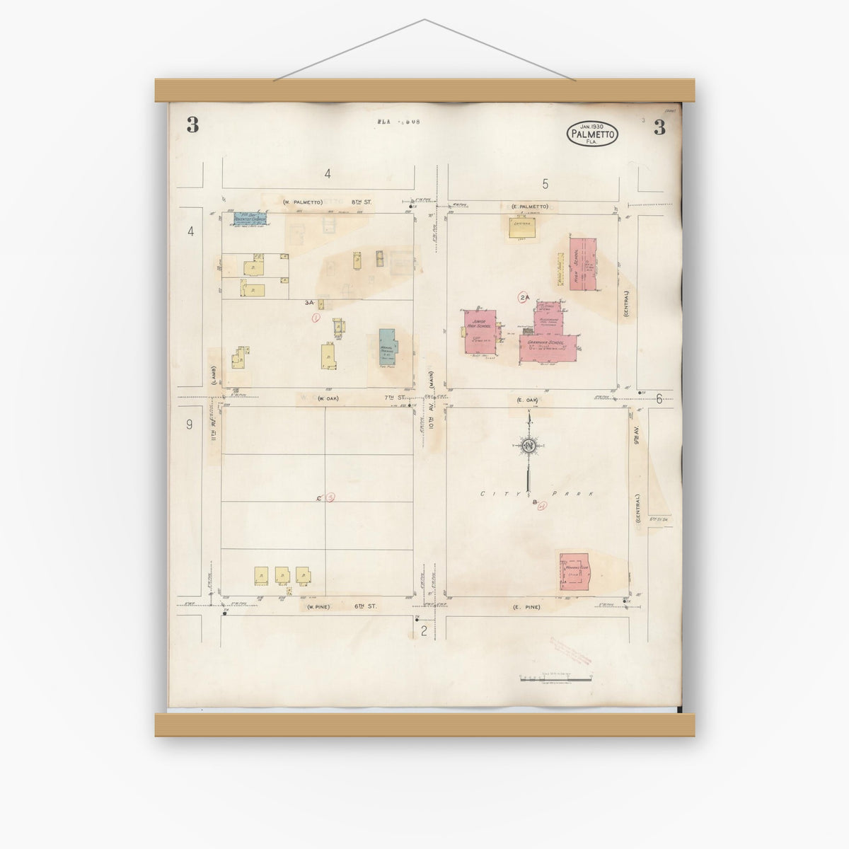 Old map wall art mockup — magnetic wood frame on white wall — Sanborn Fire Insurance Map from Palmetto, Manatee County, Florida (1944), Sheet #0003