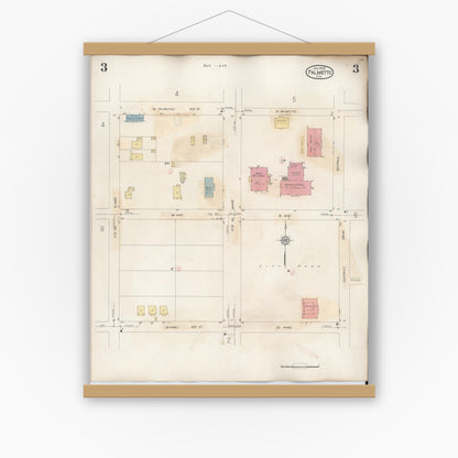 Old map wall art mockup — magnetic wood frame on white wall — Sanborn Fire Insurance Map from Palmetto, Manatee County, Florida (1944), Sheet #0003