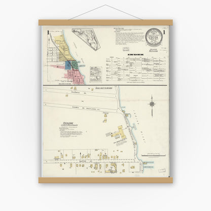 Old map wall art mockup — magnetic wood frame on white wall — Sanborn Fire Insurance Map from Cocoa, Brevard County, Florida (1924), Sheet #0001