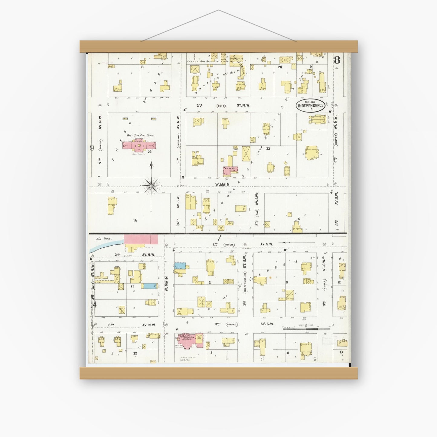 Old map wall art mockup — magnetic wood frame on white wall — Sanborn Fire Insurance Map from Independence, Buchanan County, Iowa (1899), Sheet #0008