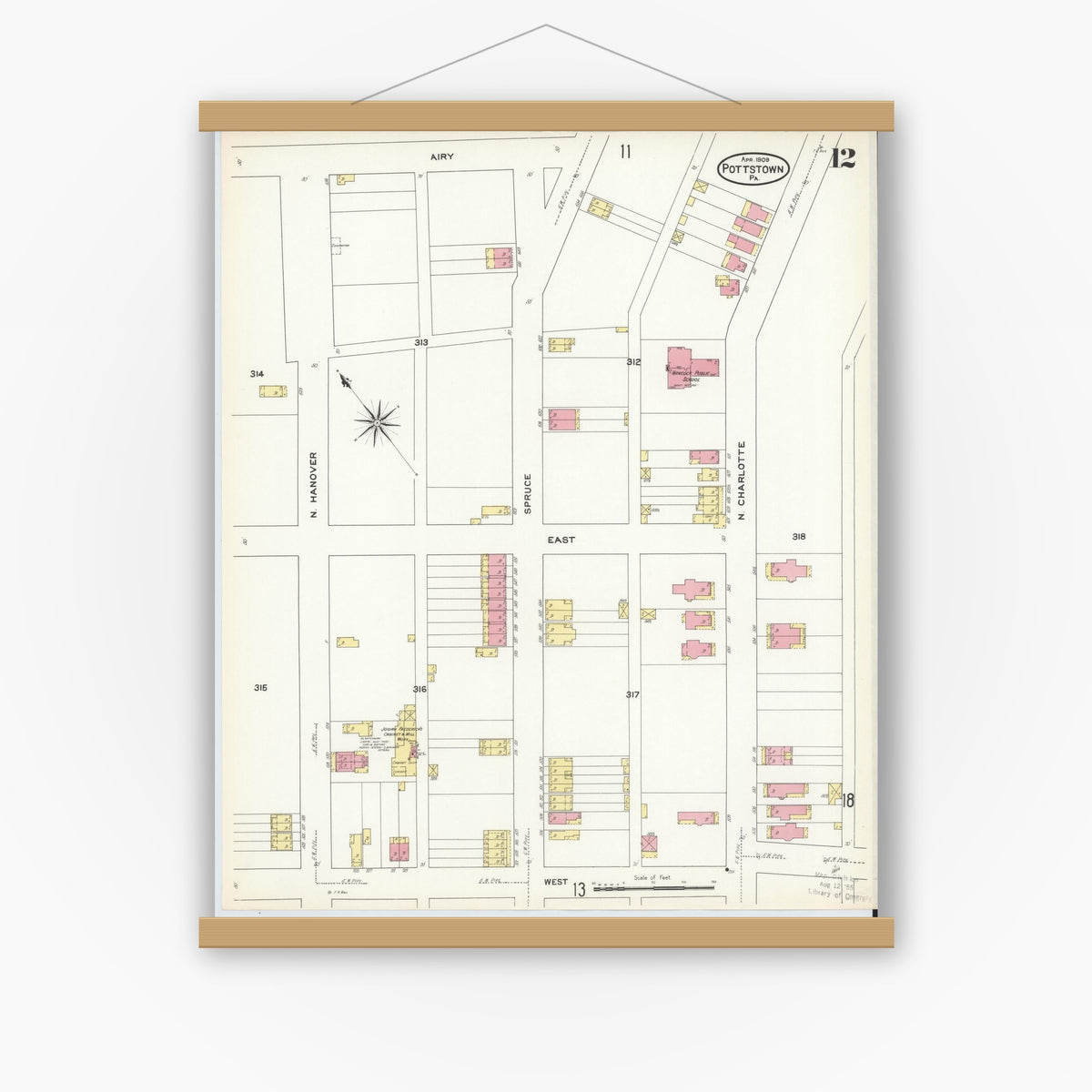 Old map wall art mockup — magnetic wood frame on white wall — Sanborn Fire Insurance Map from Pottstown, Montgomery County, Pennsylvania (1909), Sheet #0012