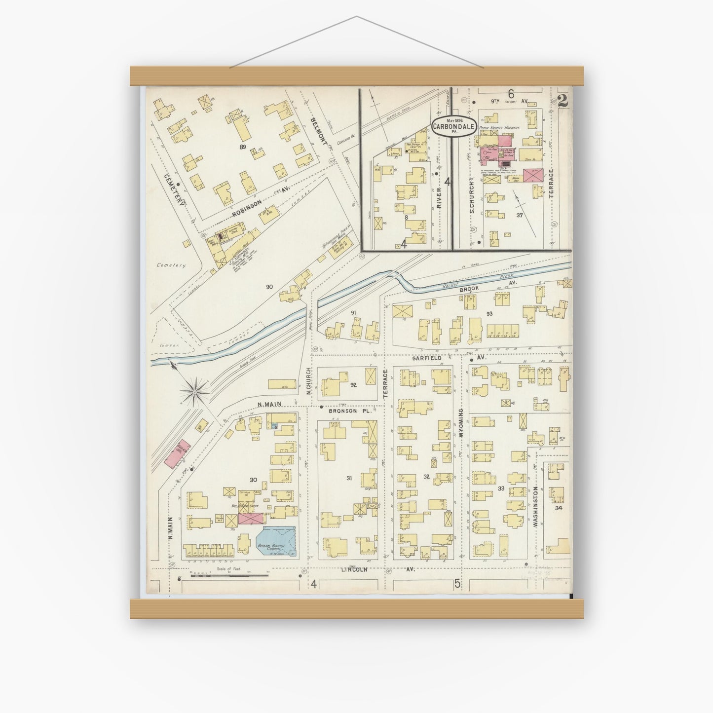 Old map wall art mockup — magnetic wood frame on white wall — Sanborn Fire Insurance Map from Carbondale, Lackawanna County, Pennsylvania (1896), Sheet #0002