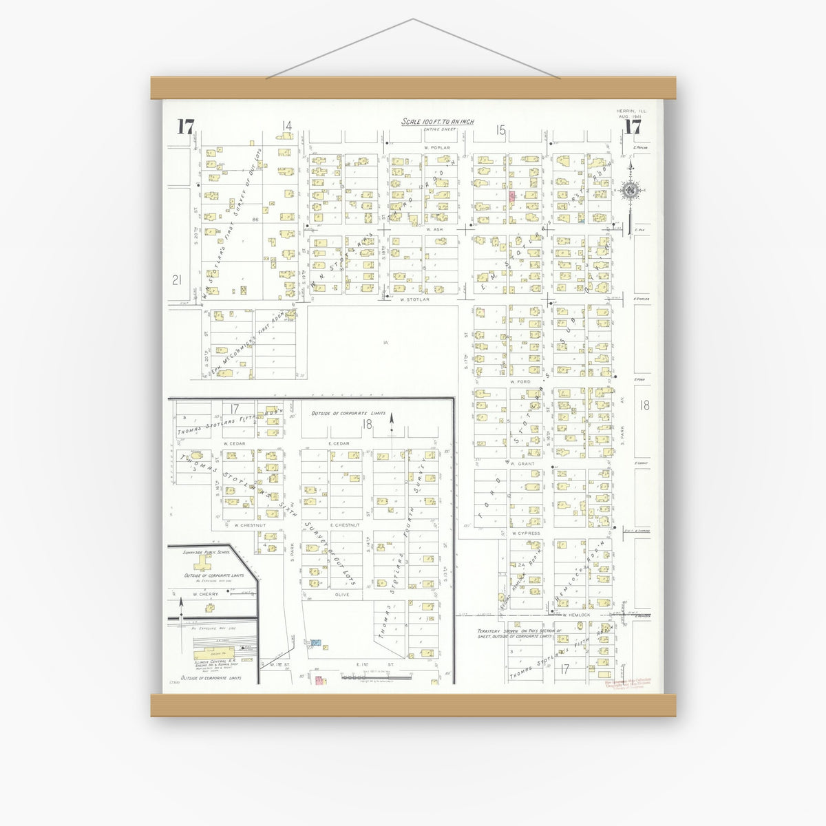 Old map wall art mockup — magnetic wood frame on white wall — Sanborn Fire Insurance Map from Herrin, Williamson County, Illinois (1941), Sheet #0017