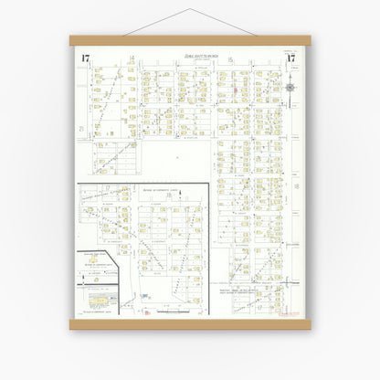 Old map wall art mockup — magnetic wood frame on white wall — Sanborn Fire Insurance Map from Herrin, Williamson County, Illinois (1941), Sheet #0017