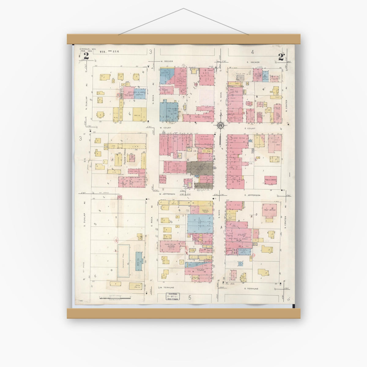 Old map wall art mockup — magnetic wood frame on white wall — Sanborn Fire Insurance Map from Viroqua, Vernon County, Wisconsin (1949), Sheet #0002