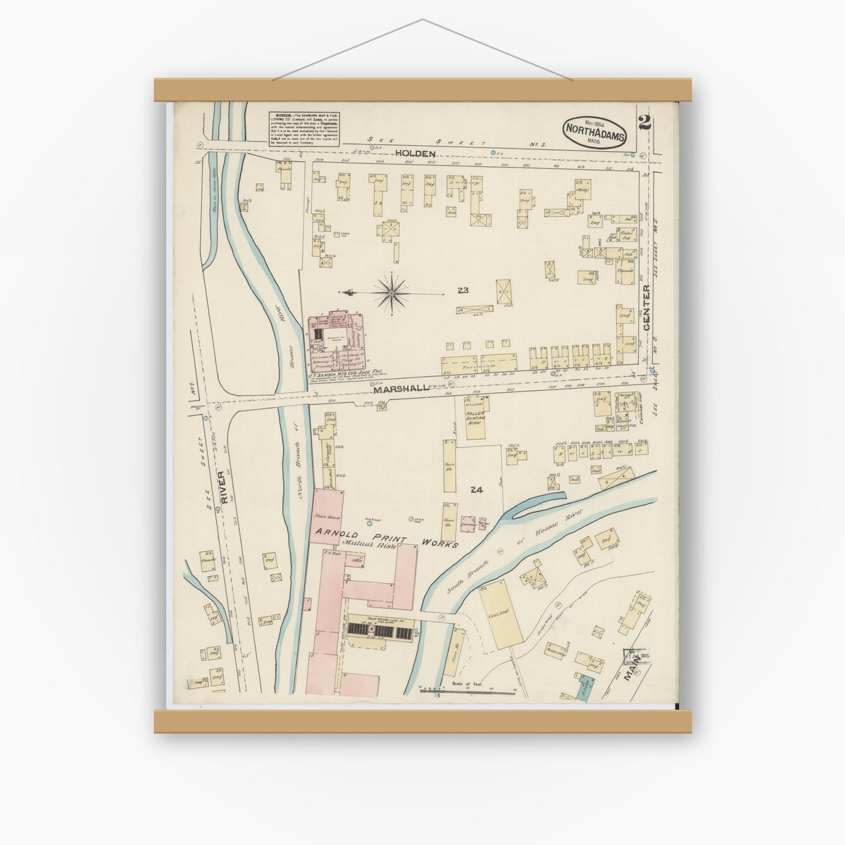 Old map wall art mockup — magnetic wood frame on white wall — Sanborn Fire Insurance Map from North Adams, Berkshire County, Massachusetts (1884), Sheet #0002