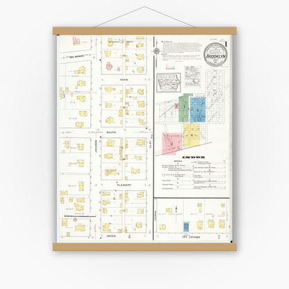 Old map wall art mockup — magnetic wood frame on white wall — Sanborn Fire Insurance Map from Brooklyn, Poweshiek County, Iowa (1916) â€” Complete Set