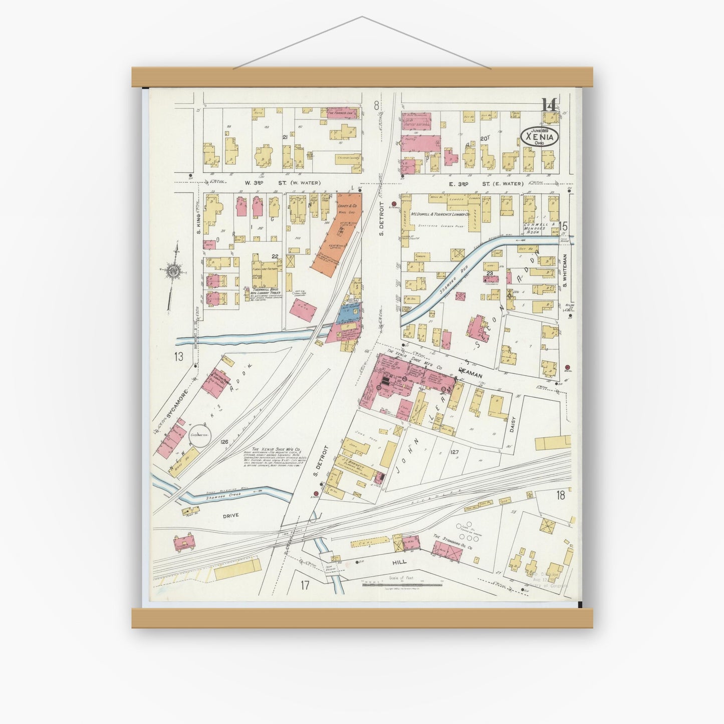 Old map wall art mockup — magnetic wood frame on white wall — Sanborn Fire Insurance Map from Xenia, Greene County, Ohio (1919), Sheet #0014