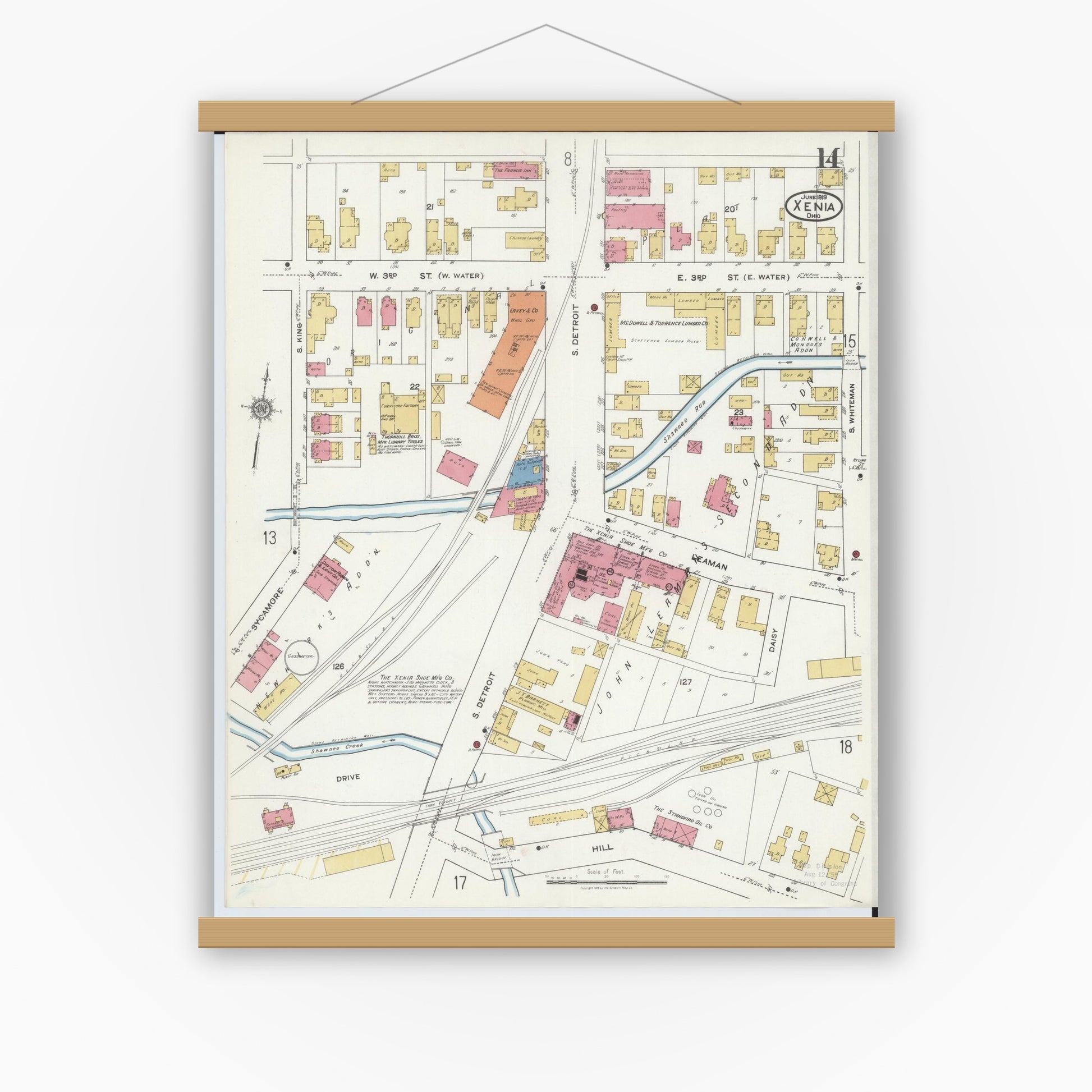 Old map wall art mockup — magnetic wood frame on white wall — Sanborn Fire Insurance Map from Xenia, Greene County, Ohio (1919), Sheet #0014
