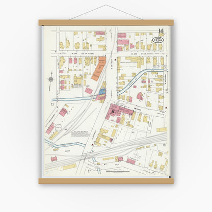 Old map wall art mockup — magnetic wood frame on white wall — Sanborn Fire Insurance Map from Xenia, Greene County, Ohio (1919), Sheet #0014