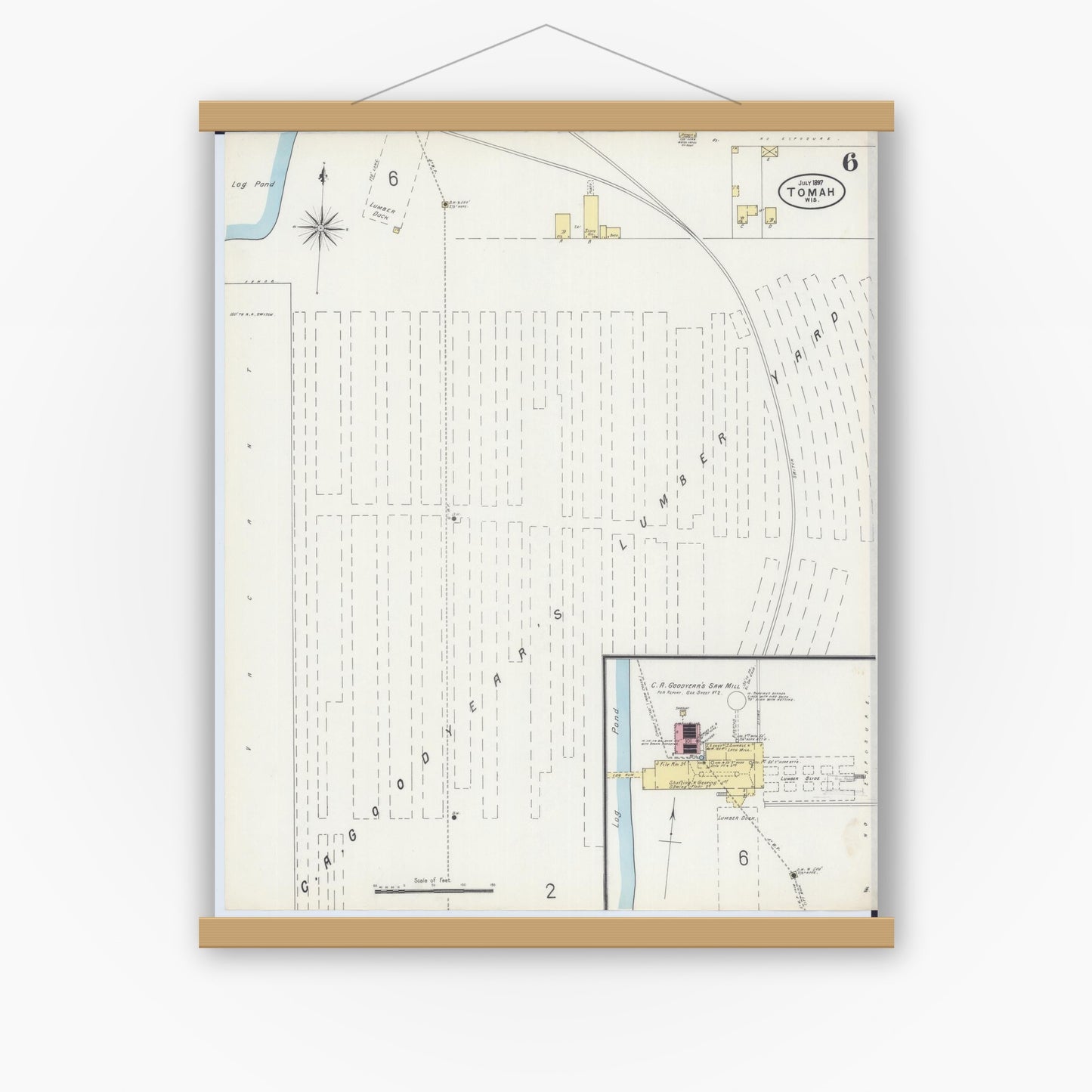 Old map wall art mockup — magnetic wood frame on white wall — Sanborn Fire Insurance Map from Tomah, Monroe County, Wisconsin (1897), Sheet #0006