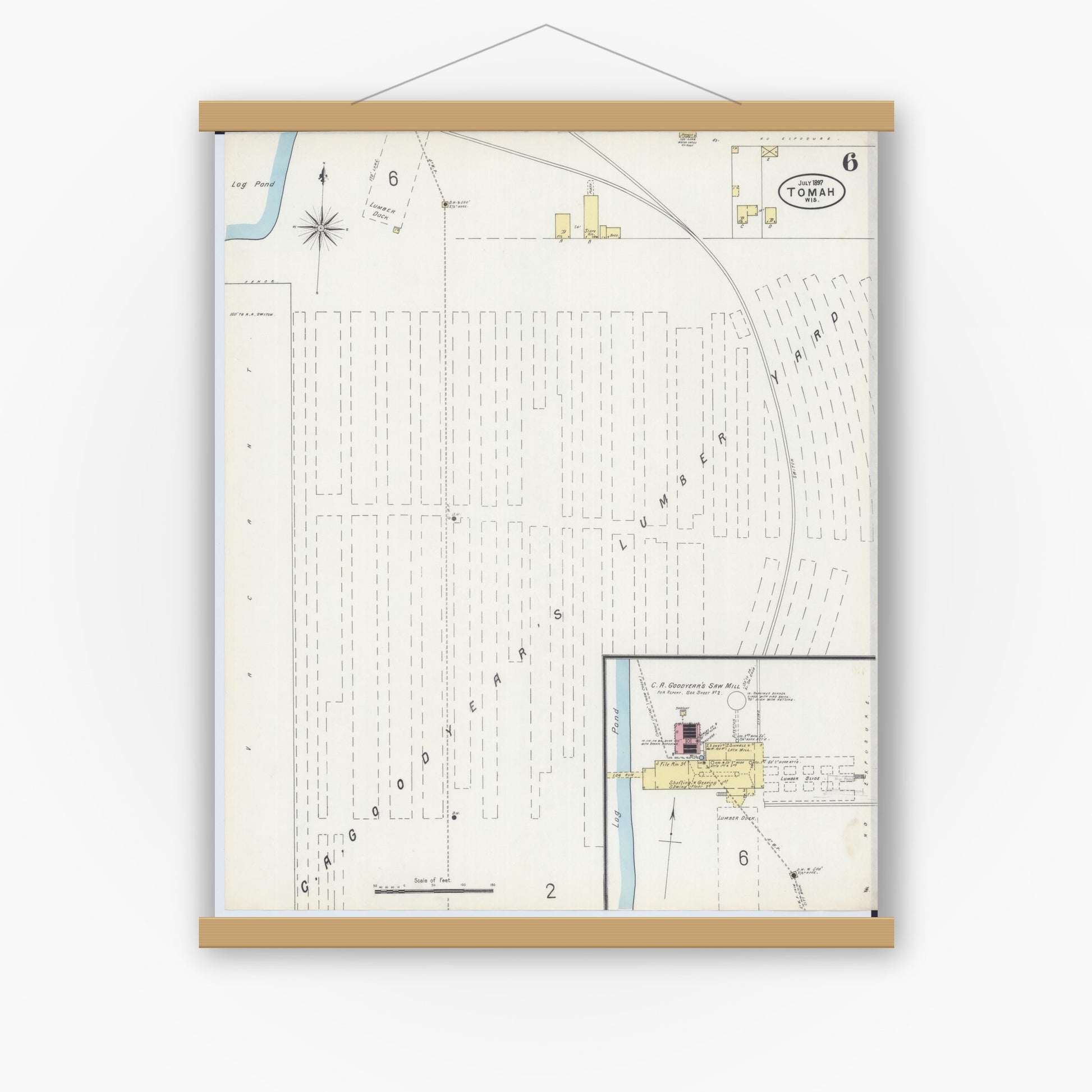 Old map wall art mockup — magnetic wood frame on white wall — Sanborn Fire Insurance Map from Tomah, Monroe County, Wisconsin (1897), Sheet #0006
