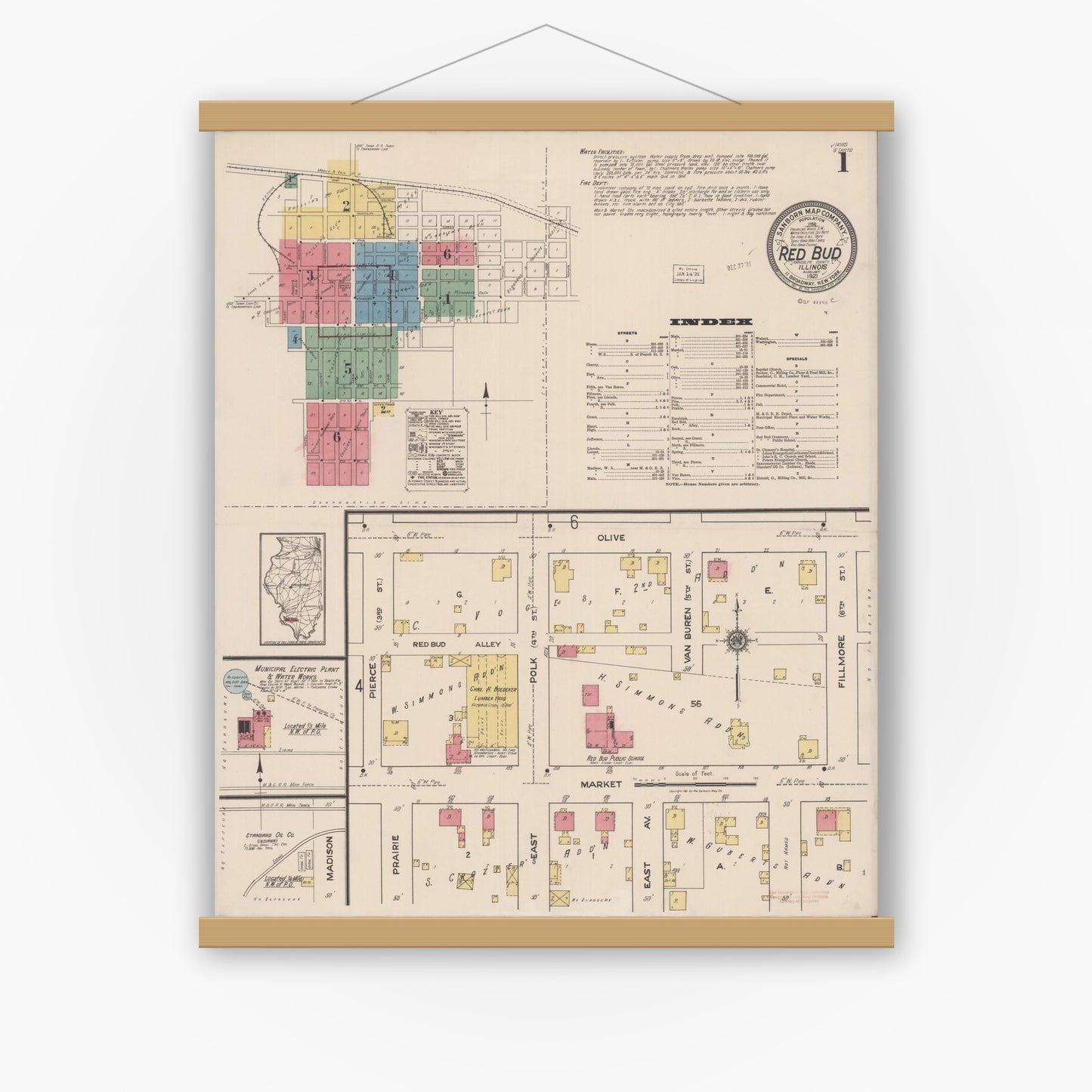 Old map wall art mockup — magnetic wood frame on white wall — Sanborn Fire Insurance Map from Red Bud, Randolph County, Illinois (1921) - Complete Map Set