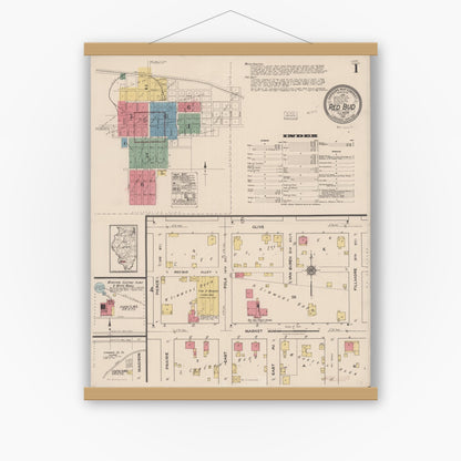 Old map wall art mockup — magnetic wood frame on white wall — Sanborn Fire Insurance Map from Red Bud, Randolph County, Illinois (1921) - Complete Map Set
