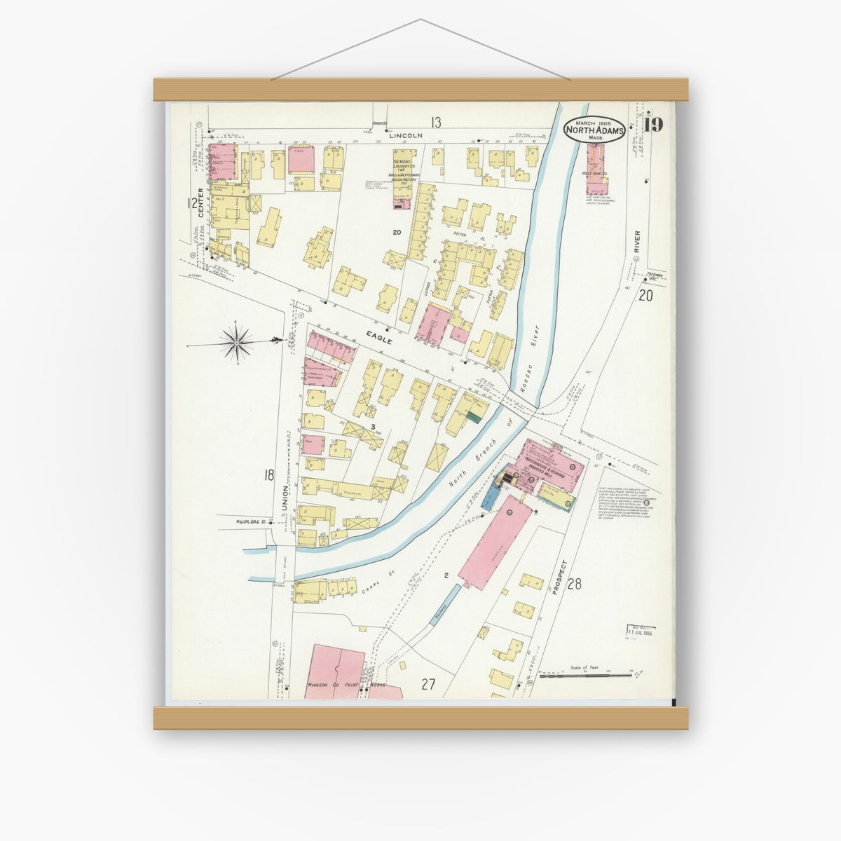 Old map wall art mockup — magnetic wood frame on white wall — Sanborn Fire Insurance Map from North Adams, Berkshire County, Massachusetts (1908), Sheet #0019