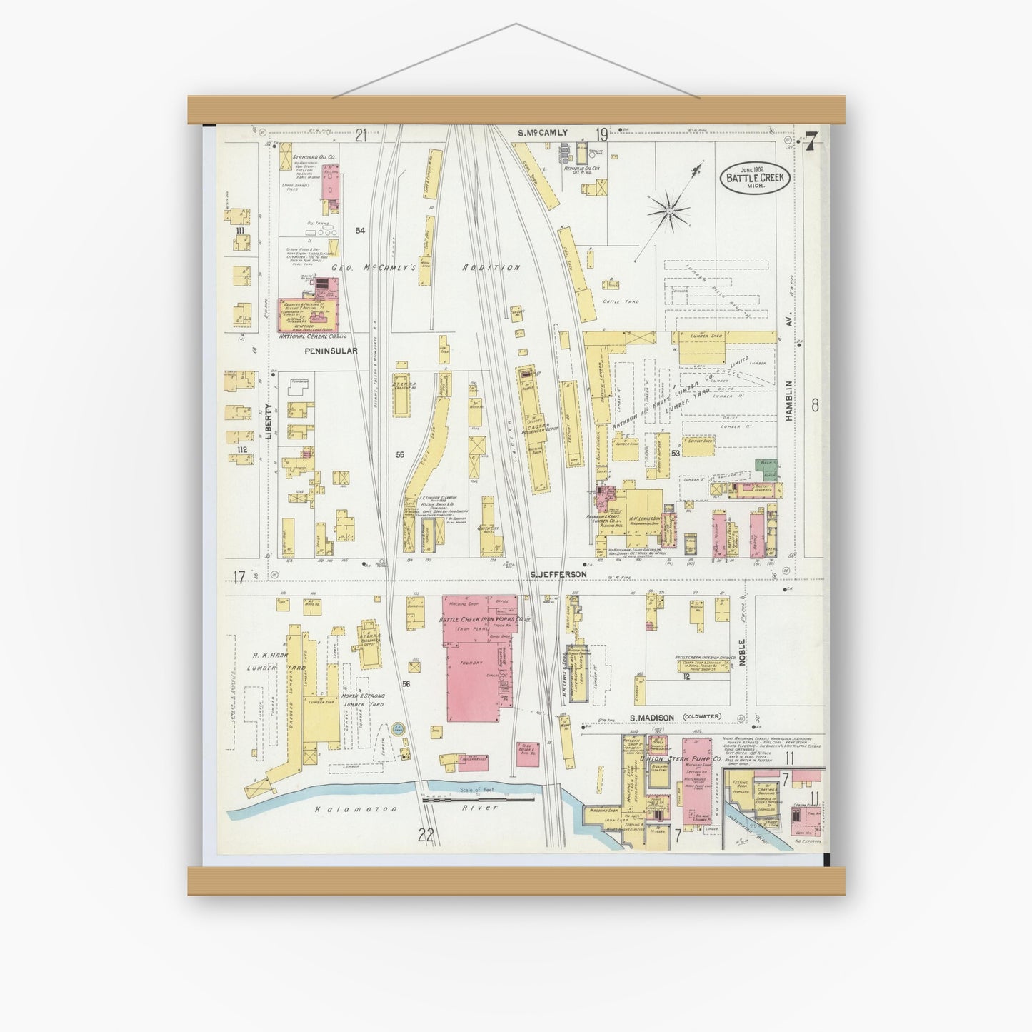 Old map wall art mockup — magnetic wood frame on white wall — Sanborn Fire Insurance Map from Battle Creek, Calhoun County, Michigan (1902), Sheet #0007