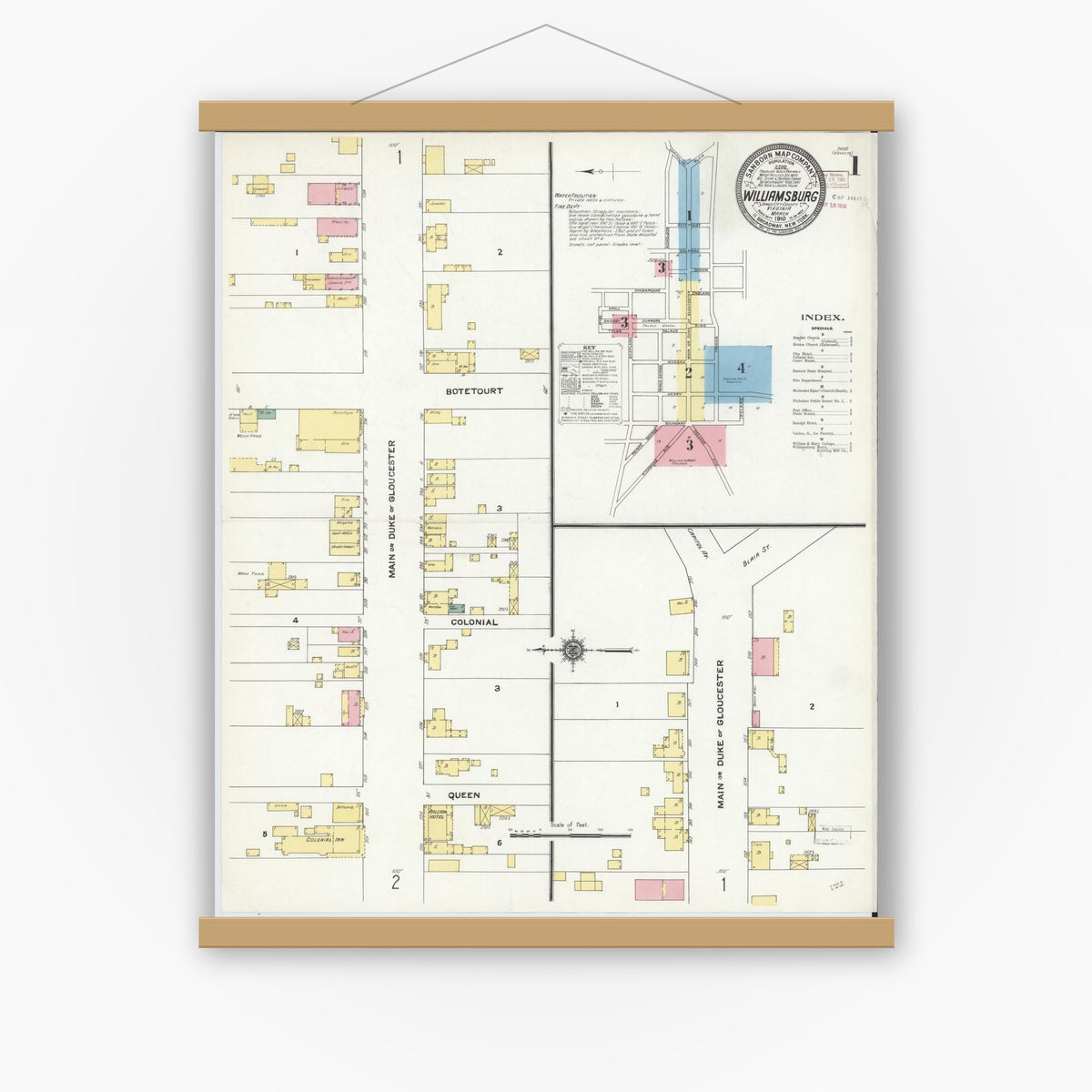 Old map wall art mockup — magnetic wood frame on white wall — Sanborn Fire Insurance Map from Williamsburg, Independent Cities, Virginia (1910), Sheet #0001