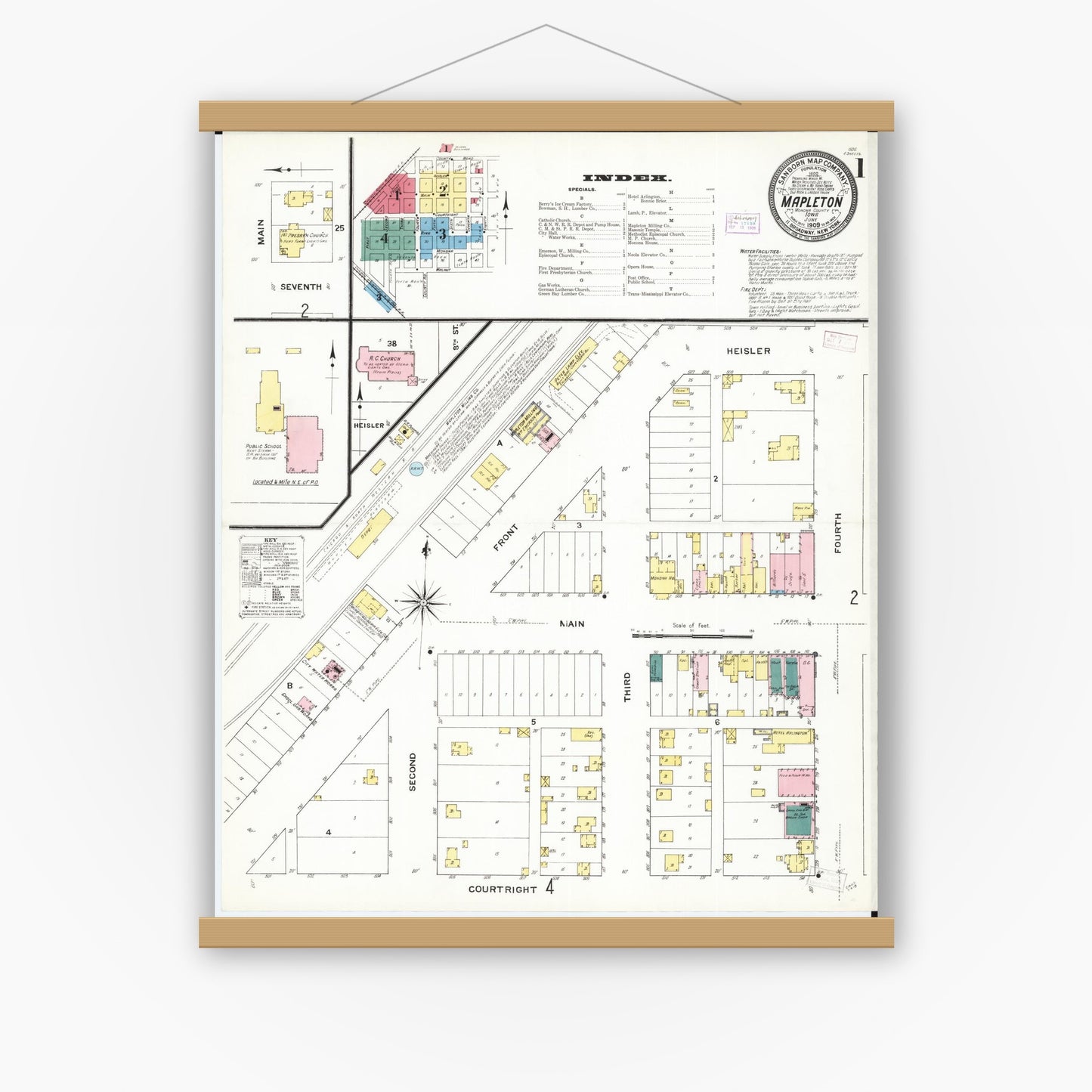 Old map wall art mockup — magnetic wood frame on white wall — Sanborn Fire Insurance Map from Mapleton, Monona County, Iowa (1909), Sheet #0001