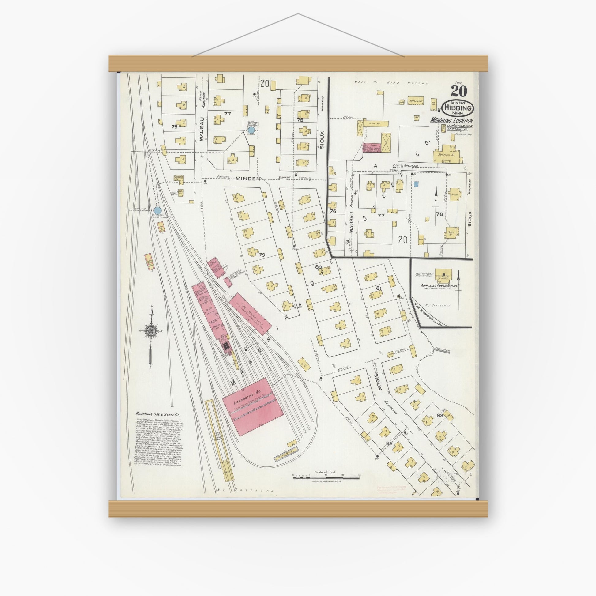 Old map wall art mockup — magnetic wood frame on white wall — Sanborn Fire Insurance Map from Hibbing, Saint Louis County, Minnesota (1921), Sheet #0020