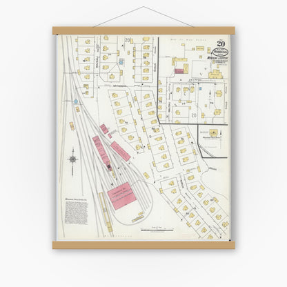 Old map wall art mockup — magnetic wood frame on white wall — Sanborn Fire Insurance Map from Hibbing, Saint Louis County, Minnesota (1921), Sheet #0020