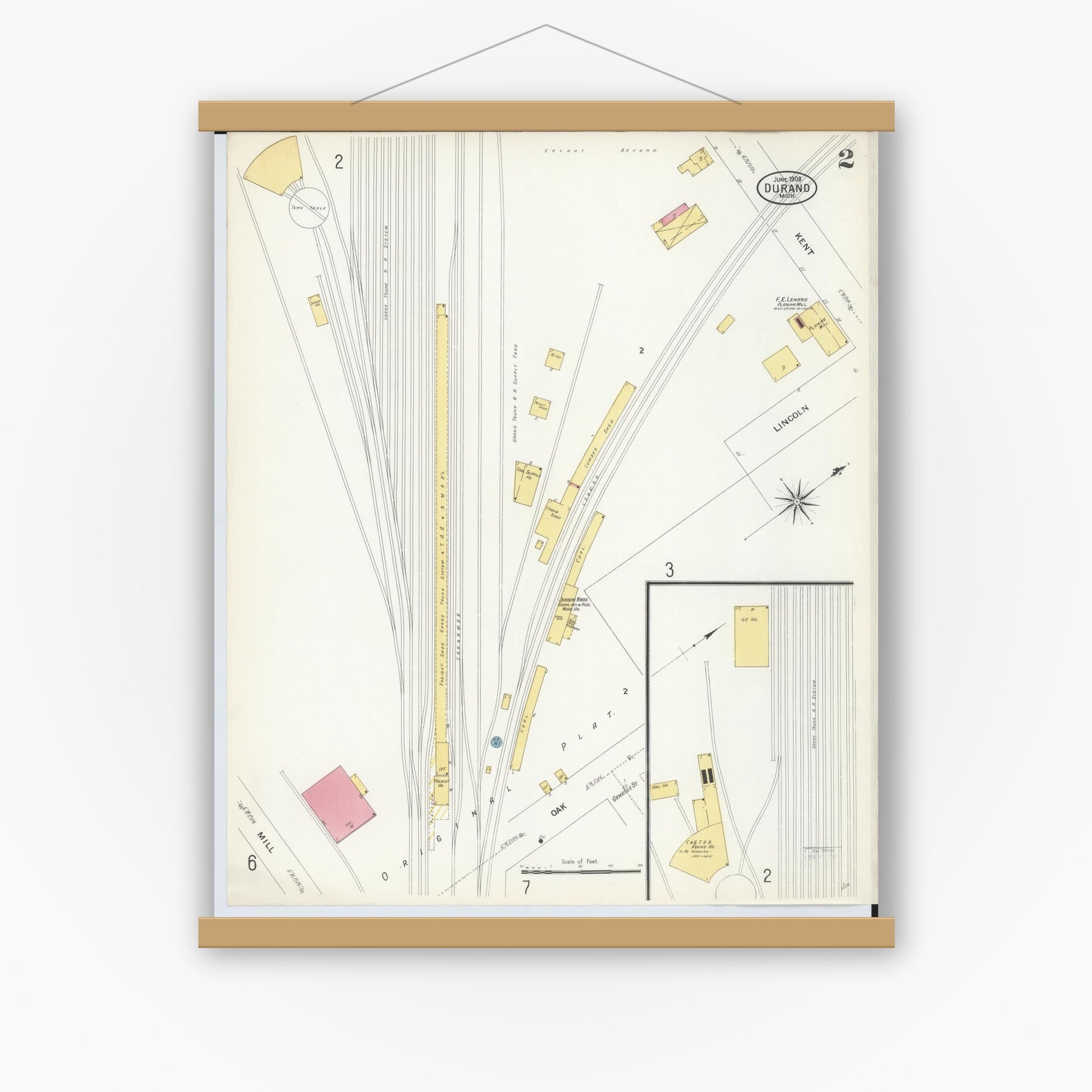 Old map wall art mockup — magnetic wood frame on white wall — Sanborn Fire Insurance Map from Durand, Shiawassee County, Michigan (1908), Sheet #0002