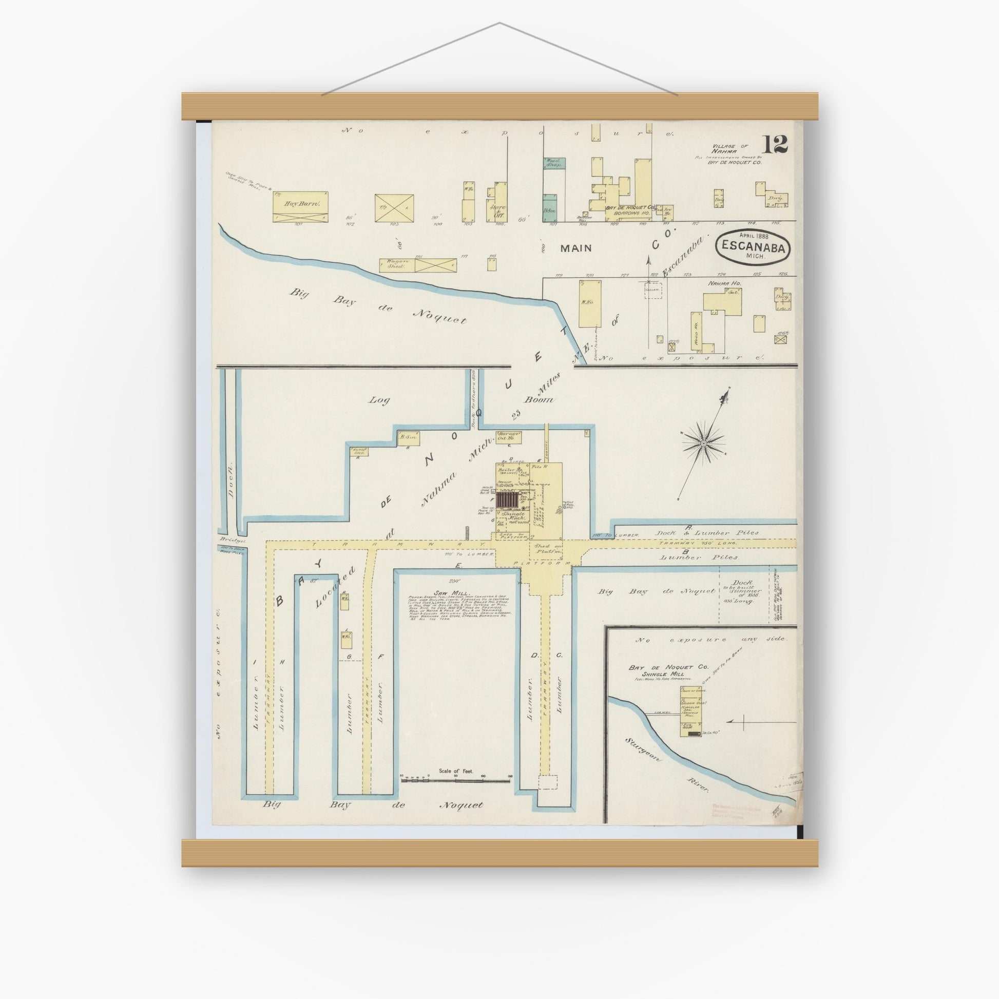 Old map wall art mockup — magnetic wood frame on white wall — Sanborn Fire Insurance Map from Escanaba, Delta County, Michigan (1888), Sheet #0012