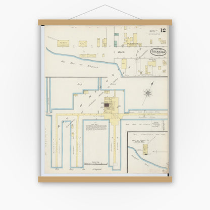 Old map wall art mockup — magnetic wood frame on white wall — Sanborn Fire Insurance Map from Escanaba, Delta County, Michigan (1888), Sheet #0012