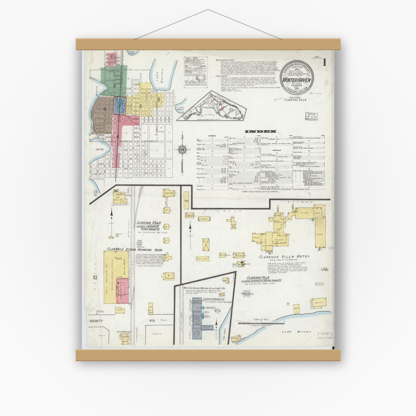 Old map wall art mockup — magnetic wood frame on white wall — Sanborn Fire Insurance Map from Winter Haven, Polk County, Florida (1919) - Complete Map Set