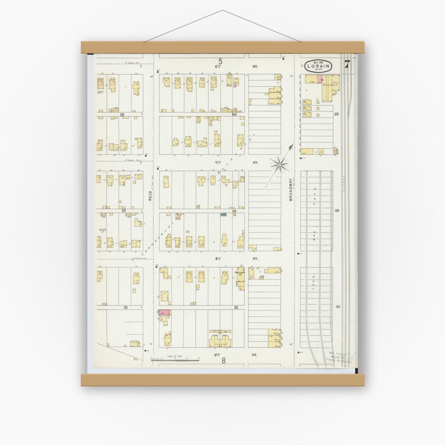 Old map wall art mockup — magnetic wood frame on white wall — Sanborn Fire Insurance Map from Lorain, Lorain County, Ohio (1896), Sheet #0007