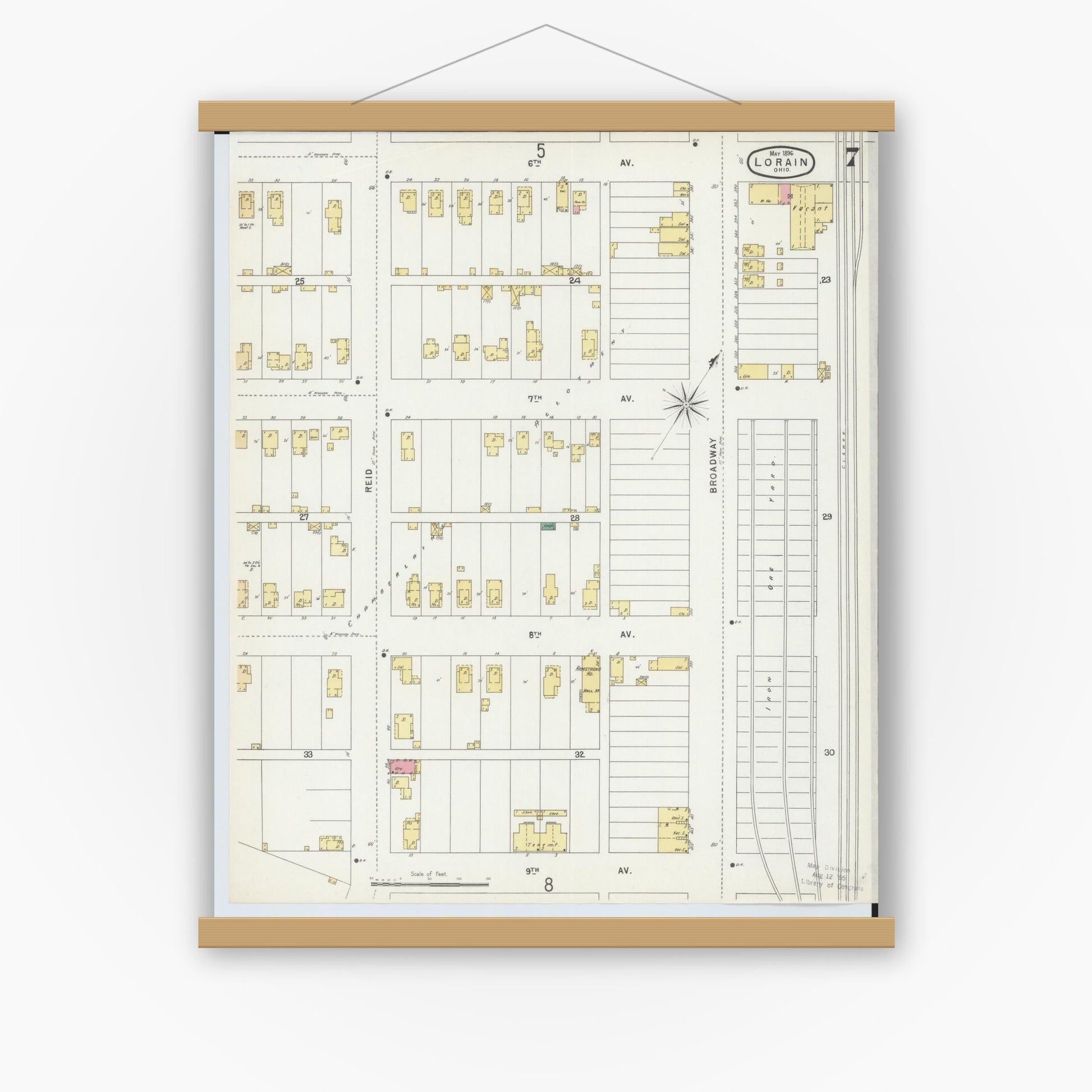 Old map wall art mockup — magnetic wood frame on white wall — Sanborn Fire Insurance Map from Lorain, Lorain County, Ohio (1896), Sheet #0007
