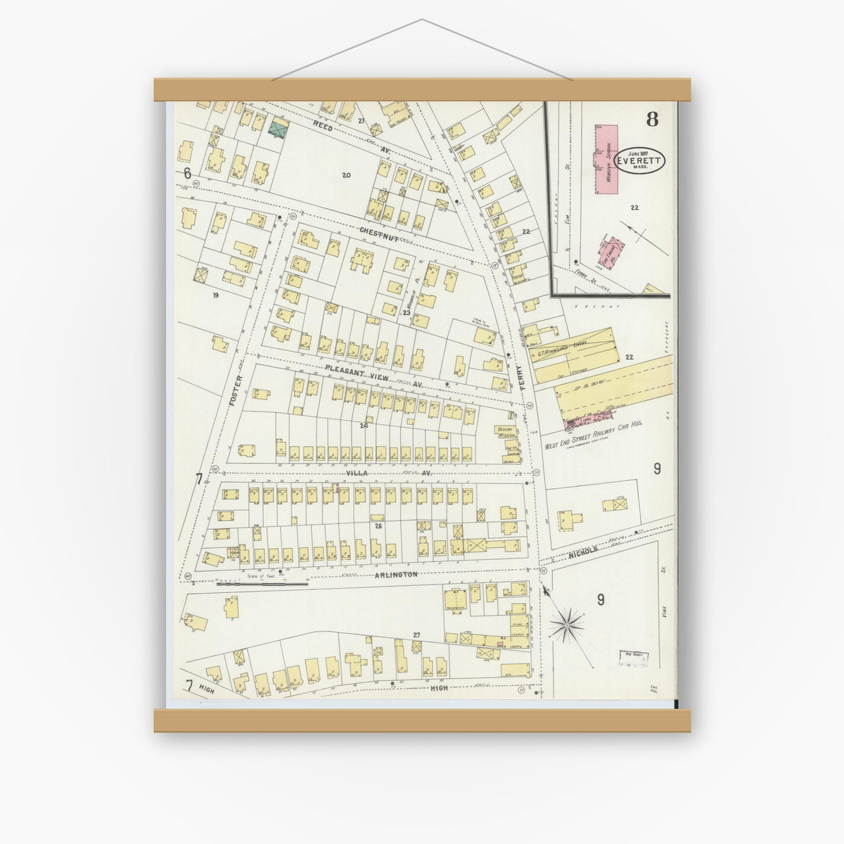 Old map wall art mockup — magnetic wood frame on white wall — Sanborn Fire Insurance Map from Everett, Middlesex County, Massachusetts (1897), Sheet #0008