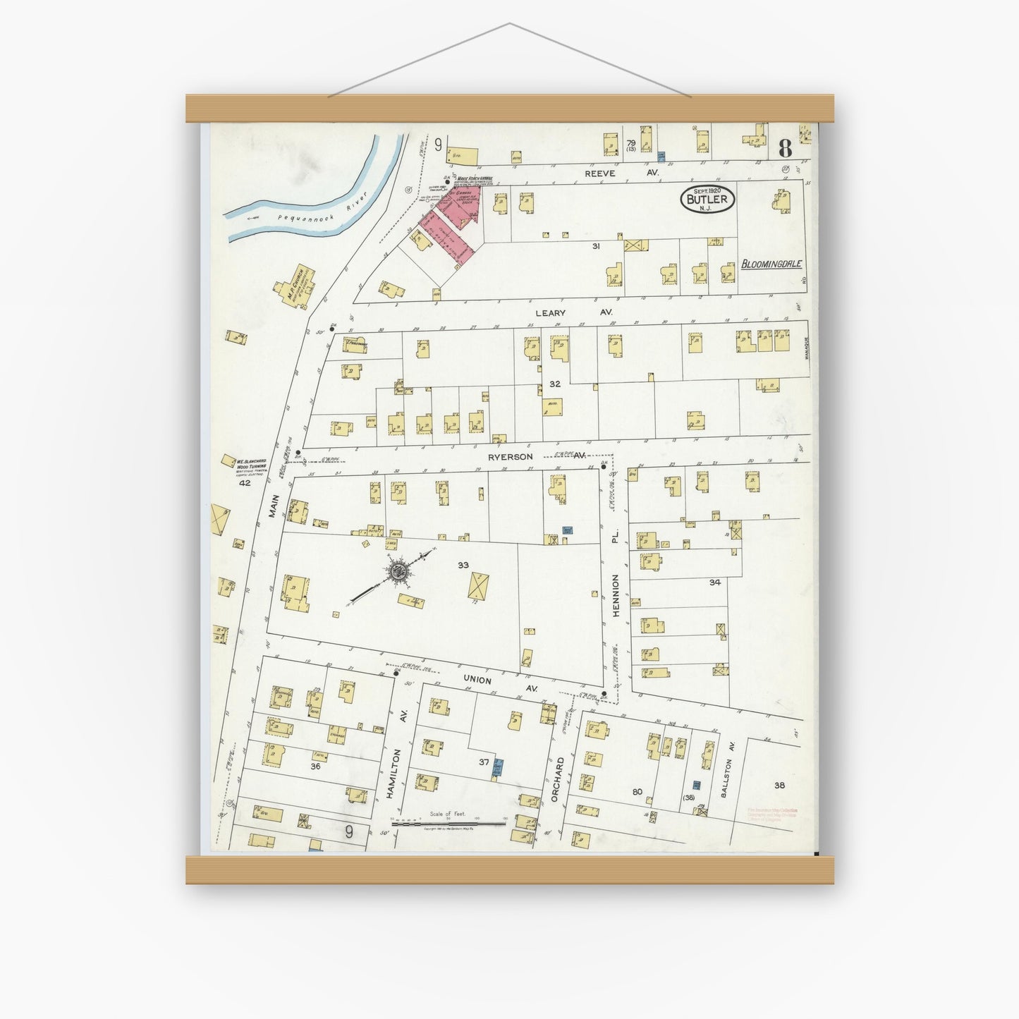 Old map wall art mockup — magnetic wood frame on white wall — Sanborn Fire Insurance Map from Butler, Morris County, New Jersey (1920), Sheet #0008