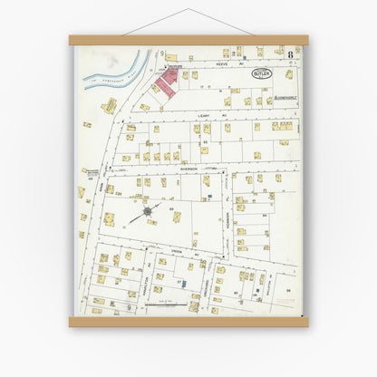 Old map wall art mockup — magnetic wood frame on white wall — Sanborn Fire Insurance Map from Butler, Morris County, New Jersey (1920), Sheet #0008