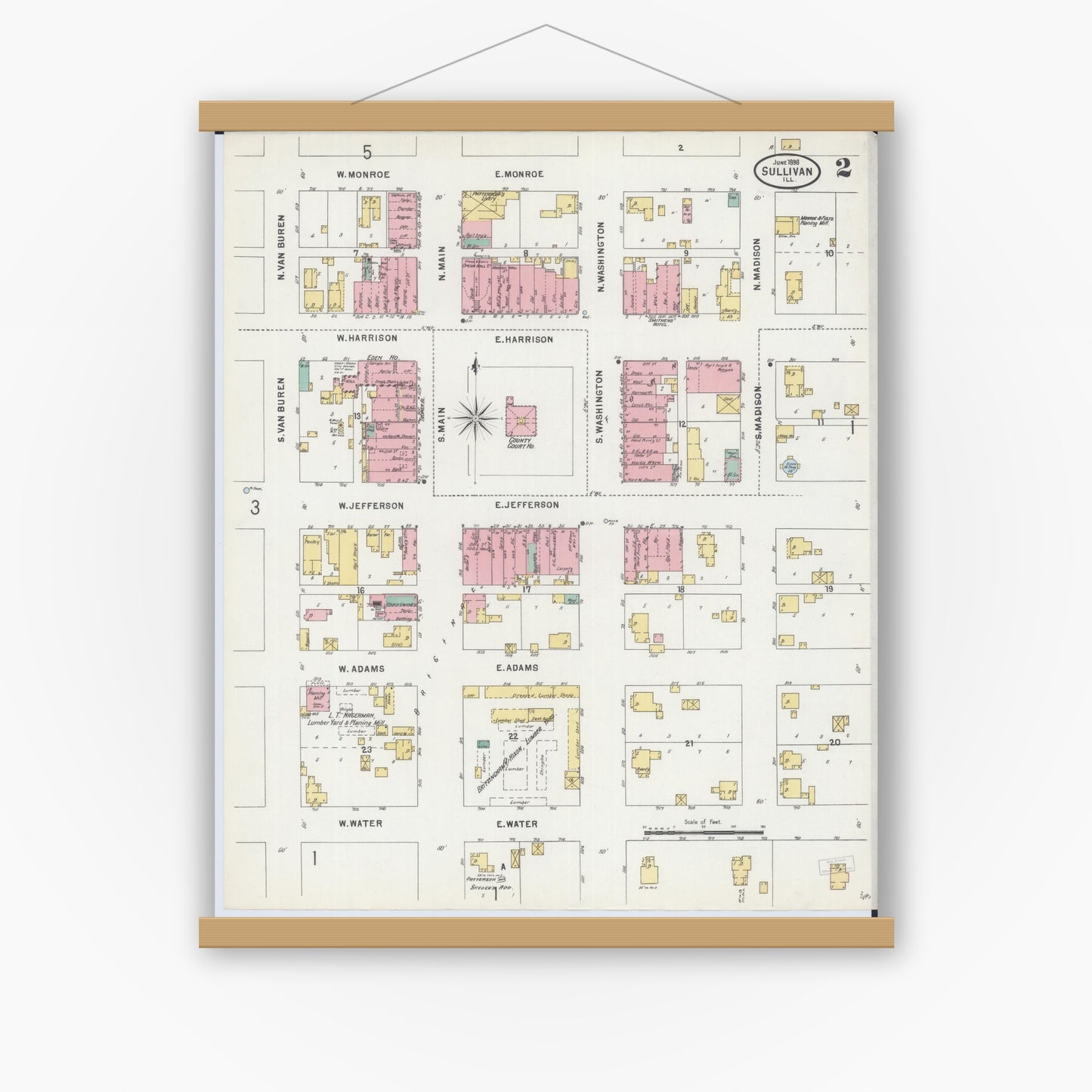 Old map wall art mockup — magnetic wood frame on white wall — Sanborn Fire Insurance Map from Sullivan, Moultrie County, Illinois (1898), Sheet #0002