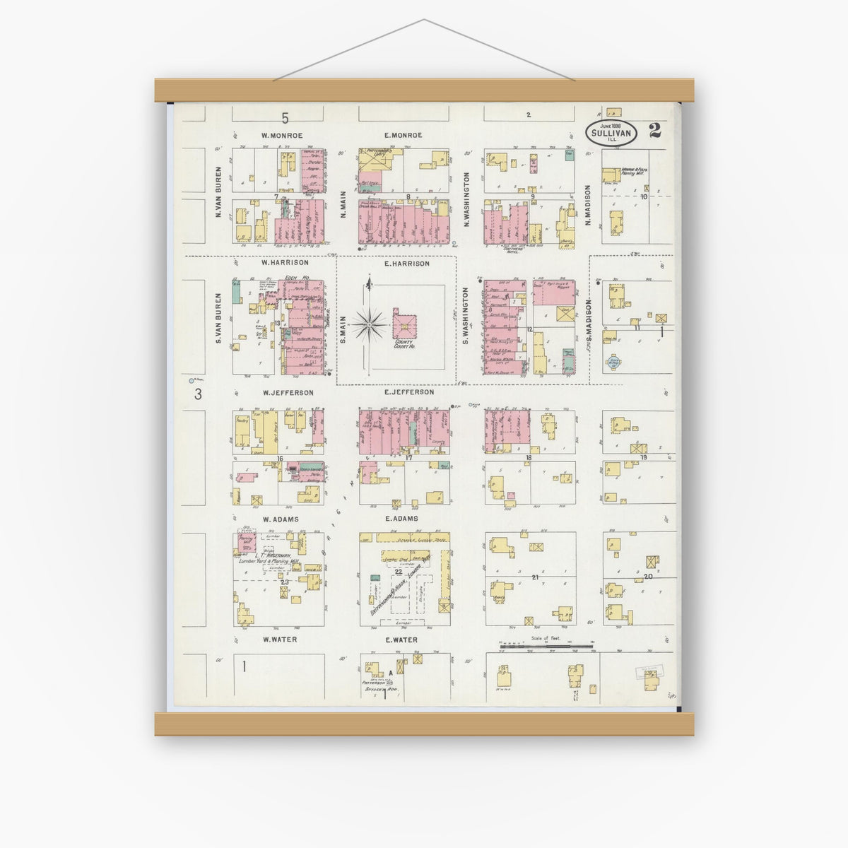 Old map wall art mockup — magnetic wood frame on white wall — Sanborn Fire Insurance Map from Sullivan, Moultrie County, Illinois (1898), Sheet #0002