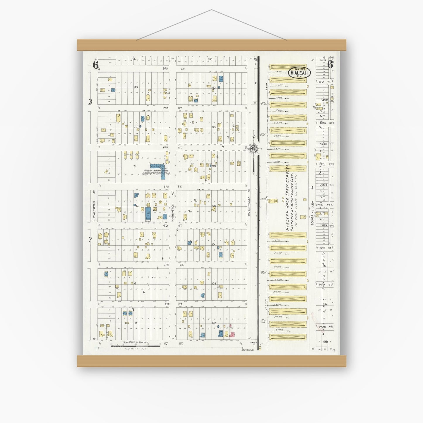 Old map wall art mockup — magnetic wood frame on white wall — Sanborn Fire Insurance Map from Hialeah, Dade County, Florida (1926), Sheet #0006