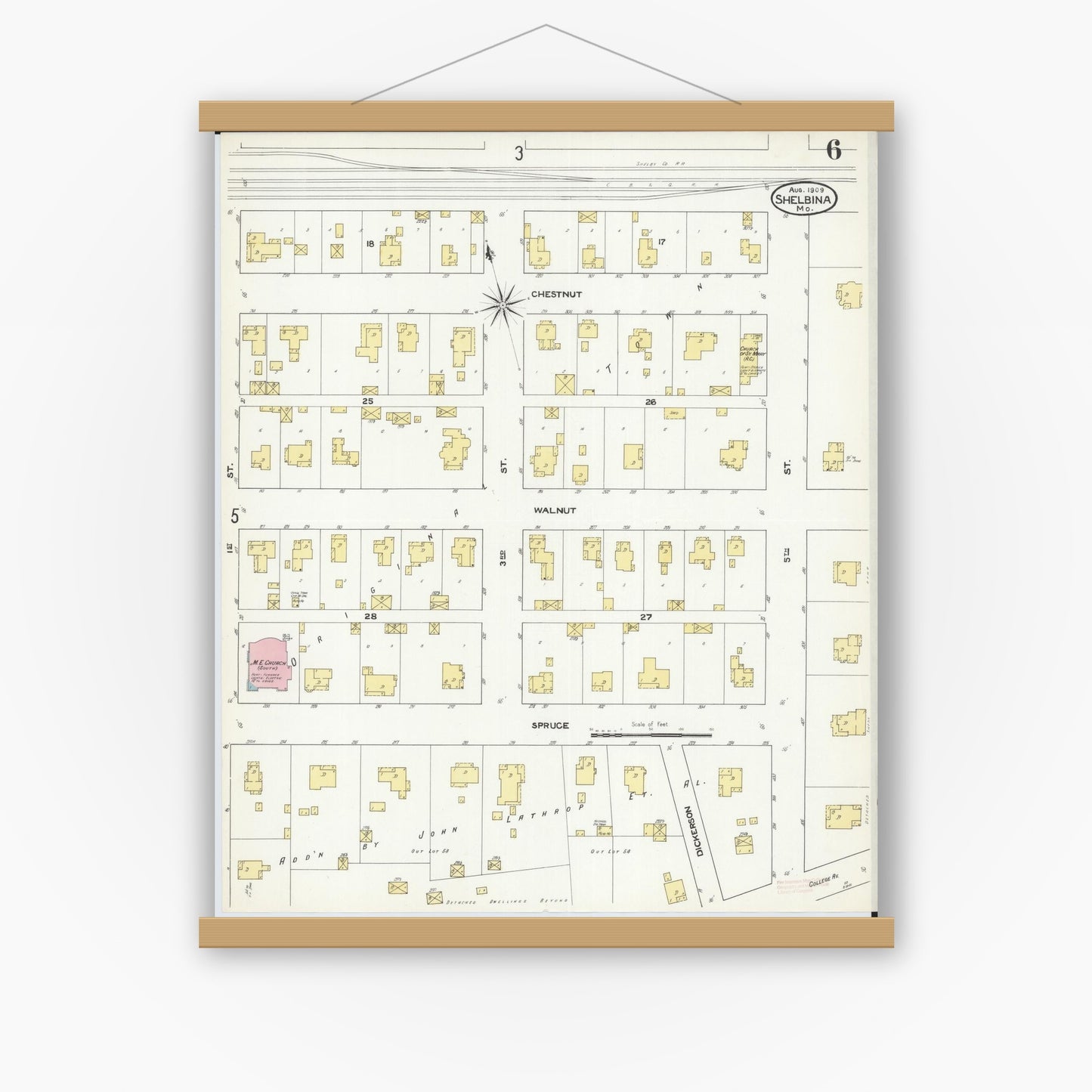 Old map wall art mockup — magnetic wood frame on white wall — Sanborn Fire Insurance Map from Shelbina, Shelby County, Missouri (1909), Sheet #0006