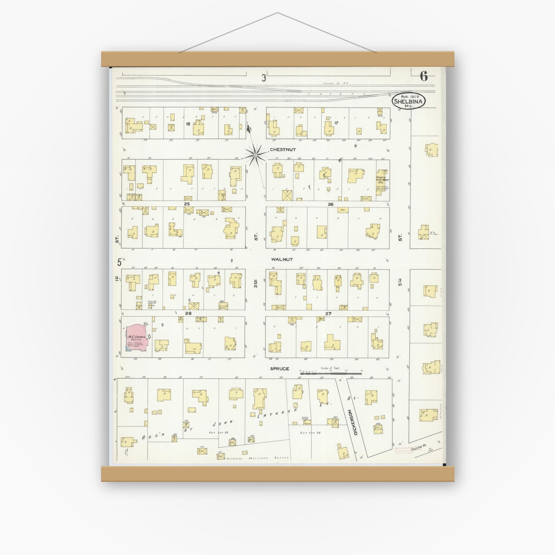 Old map wall art mockup — magnetic wood frame on white wall — Sanborn Fire Insurance Map from Shelbina, Shelby County, Missouri (1909), Sheet #0006